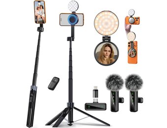 yAyusi 3-in-1 magnetische vlogging-kit voor iPhone/Android, YouTube Starter Kit, Magnetisch statief/Microfoon/Afstandsbediening, 71 inch Selfie Stick met Licht voor YouTube Starter Content Creator