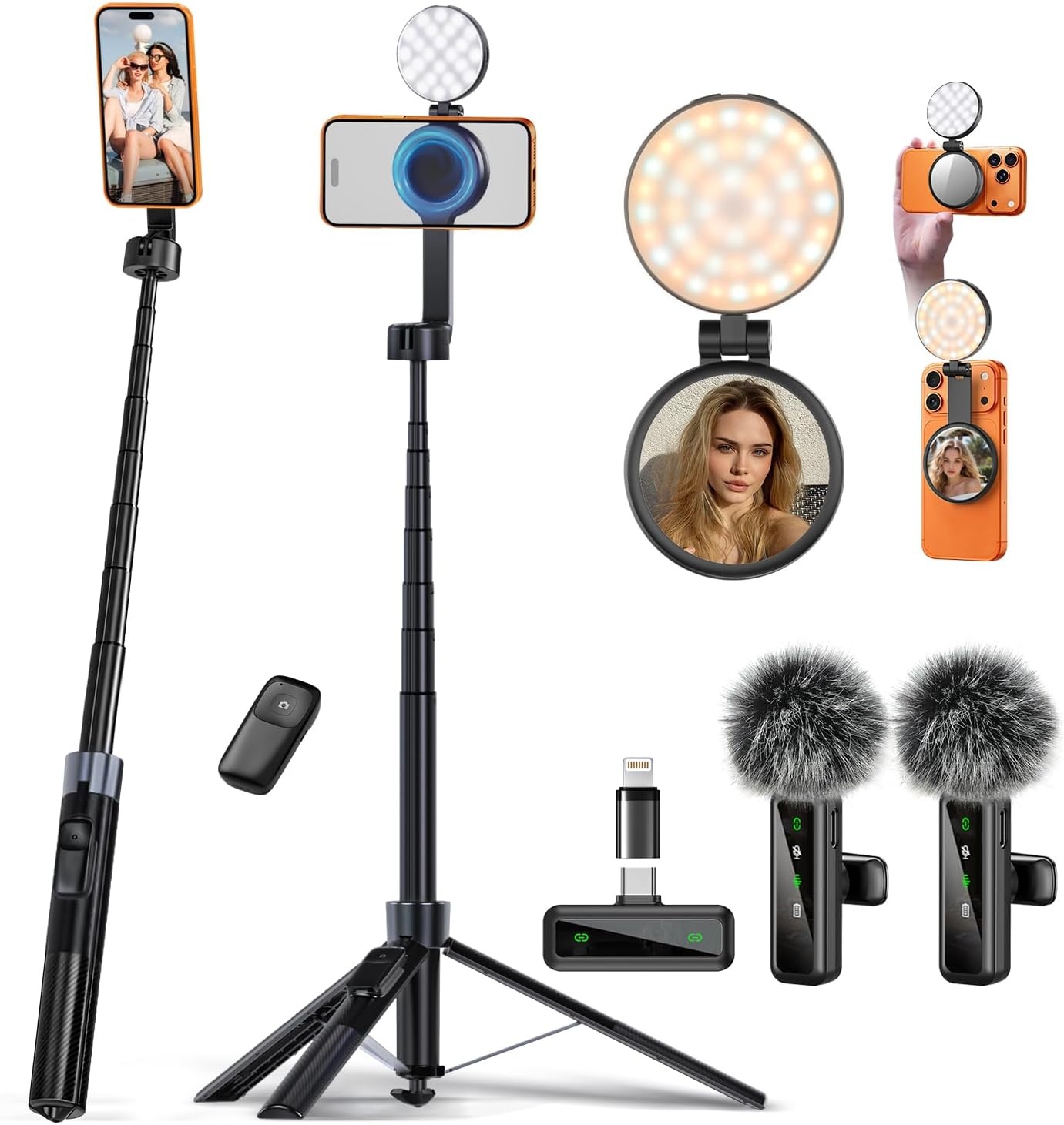 yAyusi 3-in-1 magnetische vlogging-kit voor iPhone/Android, YouTube Starter Kit, Magnetisch statief/Microfoon/Afstandsbediening, 71 inch Selfie Stick met Licht voor YouTube Starter Content Creator