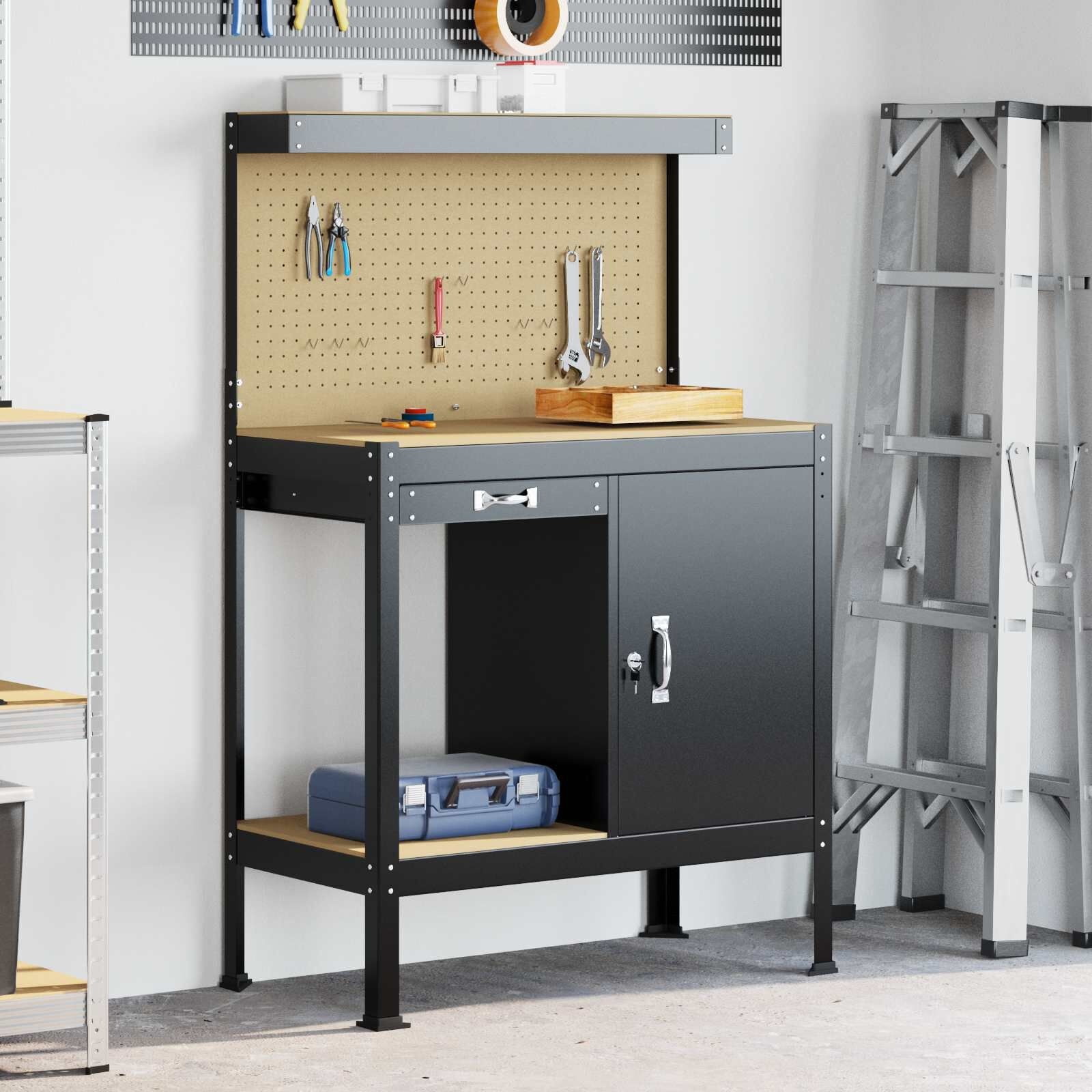 VidaXL Werkbank met Lade Zwart - 81 x 41 x 145 cm Bewerkt Hout - 35% Korting