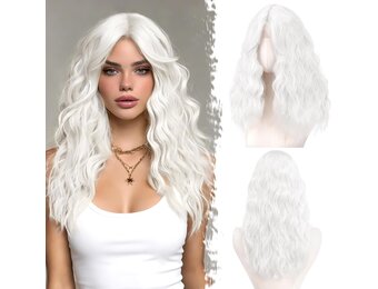 Witte Krullende Pruik Dames (50cm) met Pony - 34% Korting