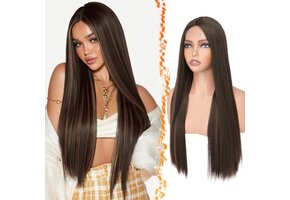Pruik Bruin met Auburn Highlights - 71cm Recht - Handgeknoopt Kantstuk