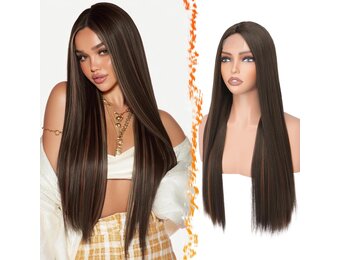 Pruik Bruin met Auburn Highlights - 71cm Recht - Handgeknoopt Kantstuk