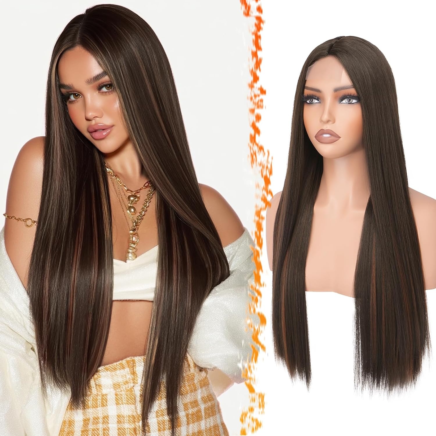 Pruik Bruin met Auburn Highlights - 71cm Recht - Handgeknoopt Kantstuk