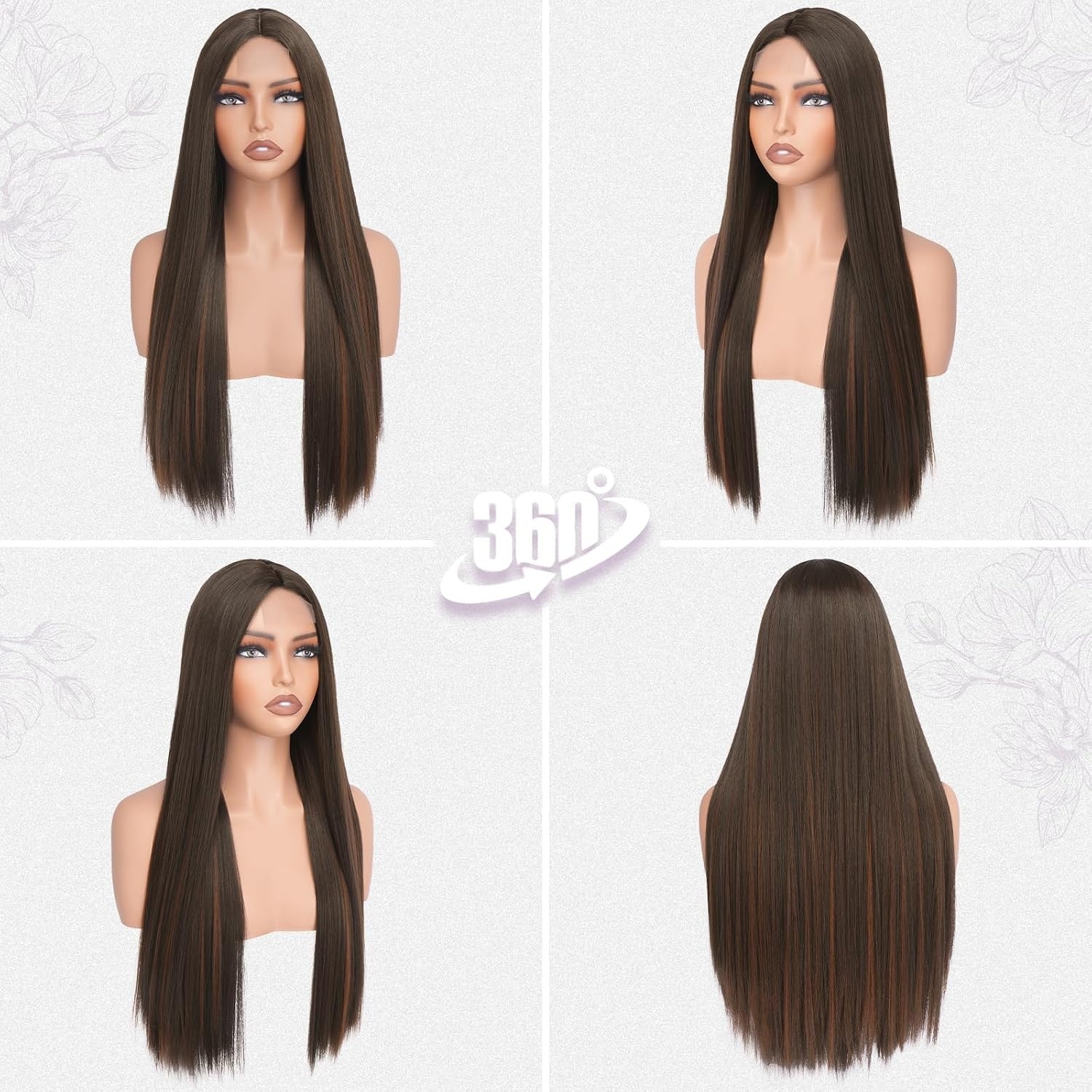 Pruik Bruin met Auburn Highlights - 71cm Recht - Handgeknoopt Kantstuk
