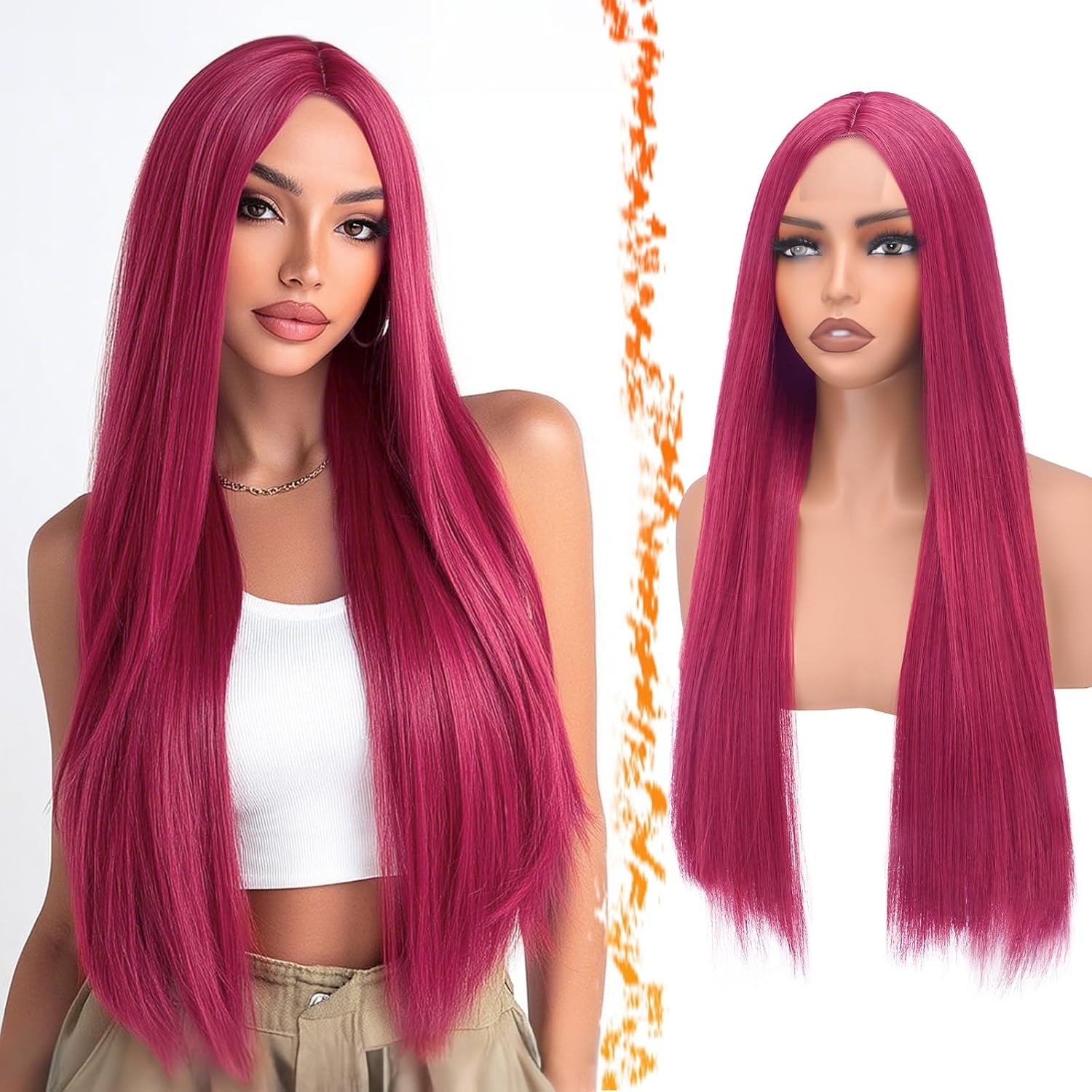 Pruik Bruin met Auburn Highlights - 71cm Recht - Handgeknoopt Kantstuk