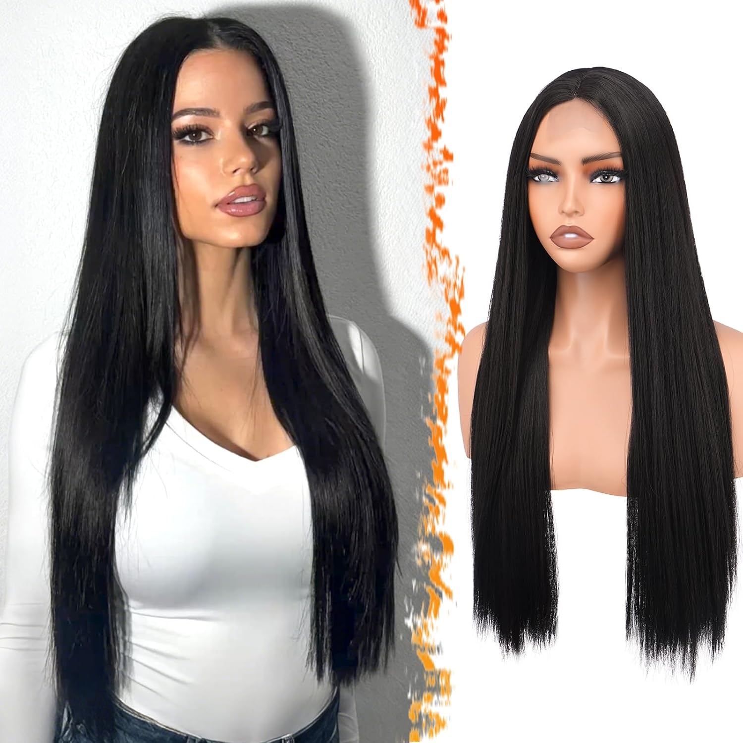 Pruik Bruin met Auburn Highlights - 71cm Recht - Handgeknoopt Kantstuk