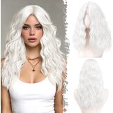 Witte Damespruik 50cm Krullend Synthetisch met Pony - 59% Korting!