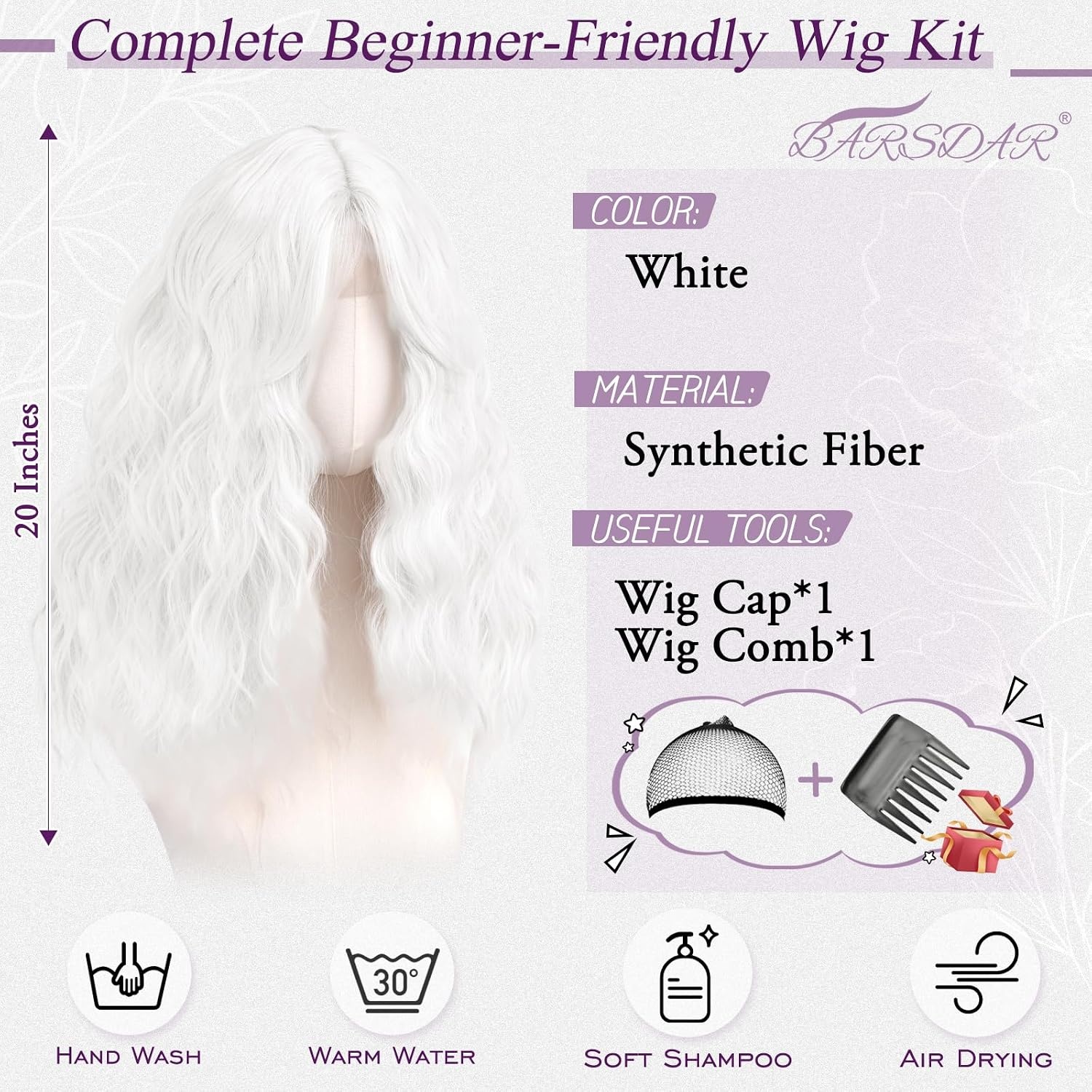 Witte Damespruik 50cm Krullend Synthetisch met Pony - 59% Korting!