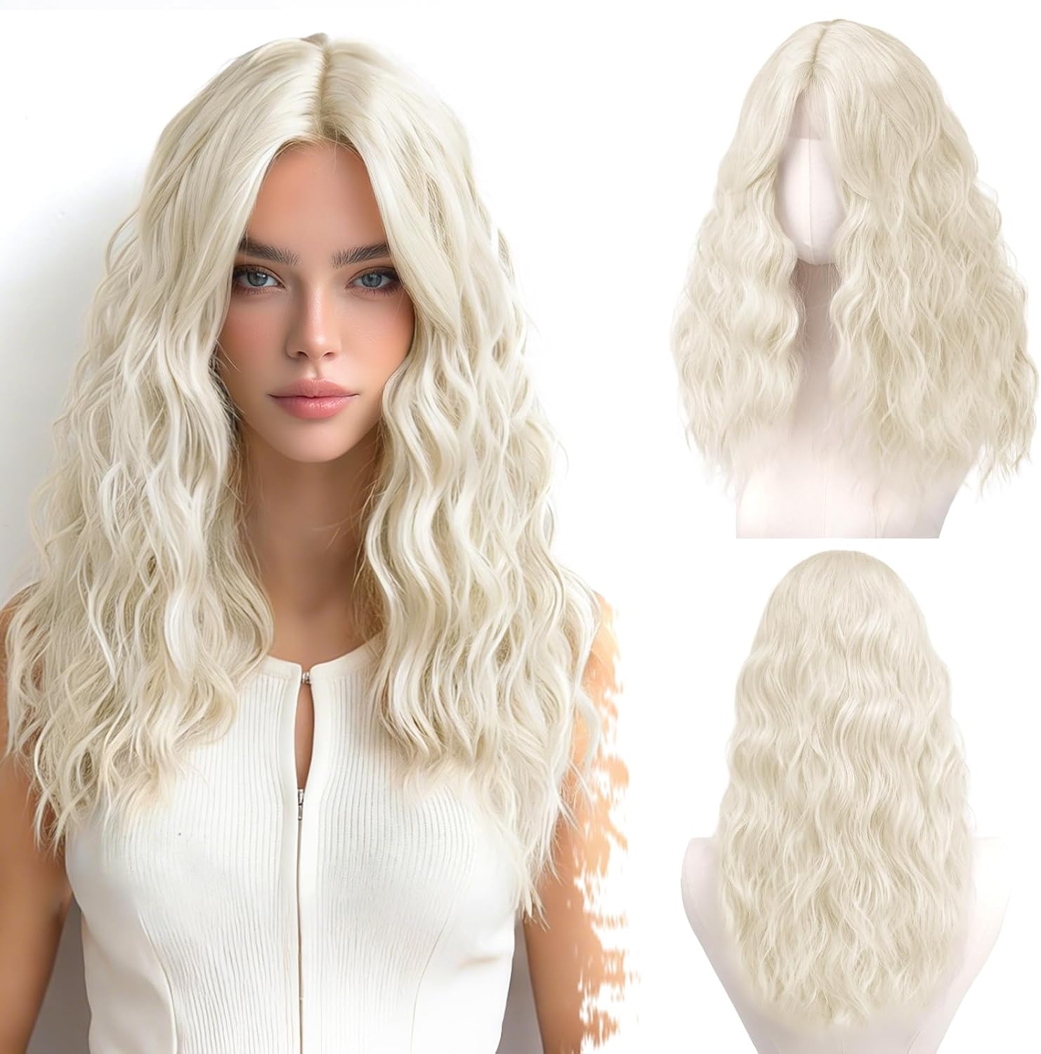 Witte Damespruik 50cm Krullend Synthetisch met Pony - 59% Korting!