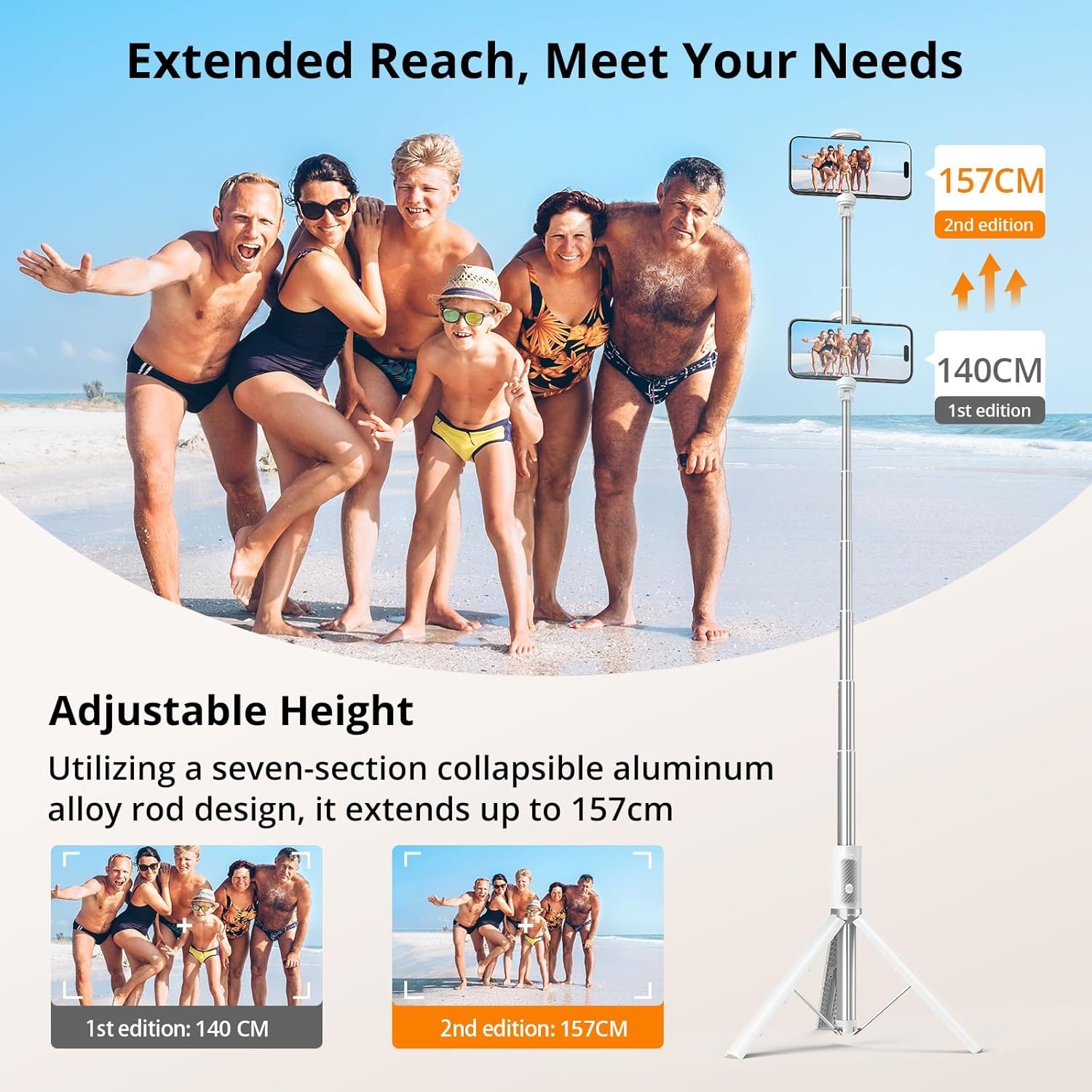 ATUMTEK Selfie Stick 157 cm - Uitschuifbaar Statief met Bluetooth Afstandsbediening - Wit
