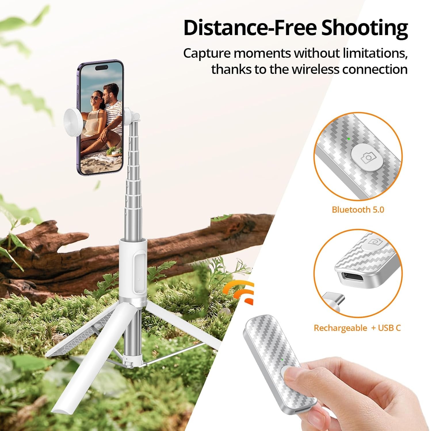 ATUMTEK Selfie Stick 157 cm - Uitschuifbaar Statief met Bluetooth Afstandsbediening - Wit