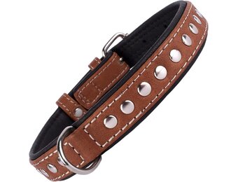 Leren Halsband Handgemaakt Bruin/Zwart S/M (58-66 cm) Studs - 73% Korting