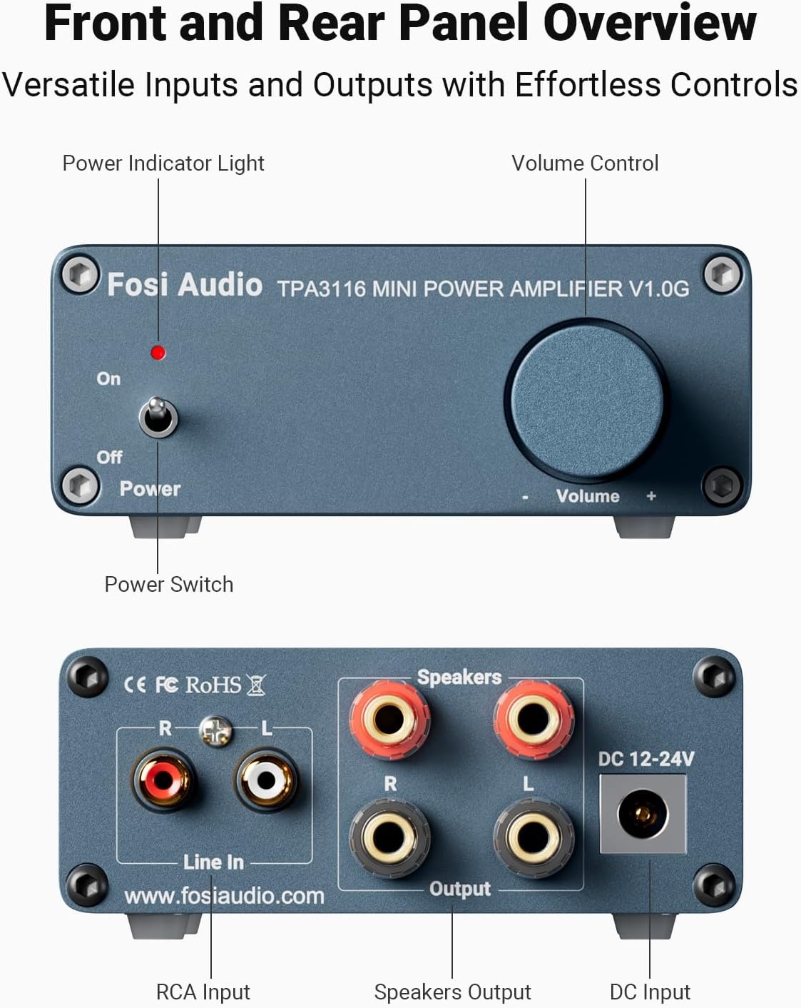 Fosi Audio V1.0G 2 Channel Amplifier Stereo Audio Amp Mini Hi-Fi Class D Integrated TPA3116 Amp for Home Speakers 50W x 2 with 19V 4.74A Power Supply