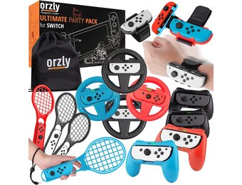 Orzly-Accessoirebundel PartyPack gemaakt voor gebruik met Nintendo Switch - [4x]: Controller-Grepen en Stuurwielen, Pols-Dansbanden, Tennisrackets, en Reisvriendelijke Opslagtas met Trekkoord