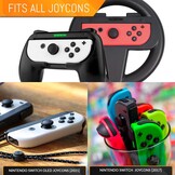 Orzly-Accessoirebundel PartyPack gemaakt voor gebruik met Nintendo Switch - [4x]: Controller-Grepen en Stuurwielen, Pols-Dansbanden, Tennisrackets, en Reisvriendelijke Opslagtas met Trekkoord