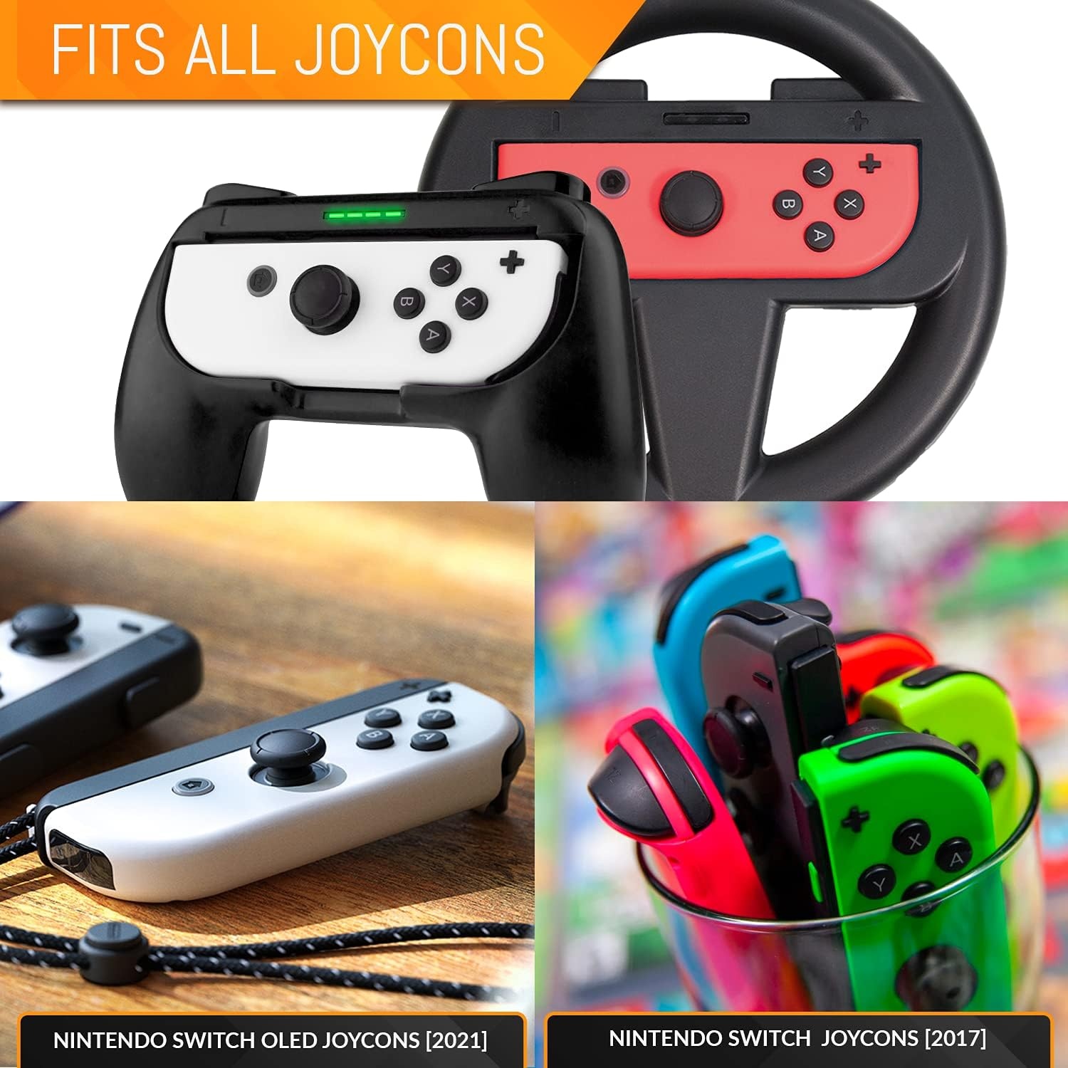Orzly-Accessoirebundel PartyPack gemaakt voor gebruik met Nintendo Switch - [4x]: Controller-Grepen en Stuurwielen, Pols-Dansbanden, Tennisrackets, en Reisvriendelijke Opslagtas met Trekkoord