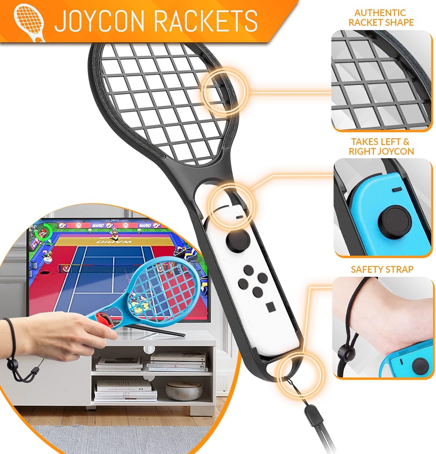 Orzly-Accessoirebundel PartyPack gemaakt voor gebruik met Nintendo Switch - [4x]: Controller-Grepen en Stuurwielen, Pols-Dansbanden, Tennisrackets, en Reisvriendelijke Opslagtas met Trekkoord