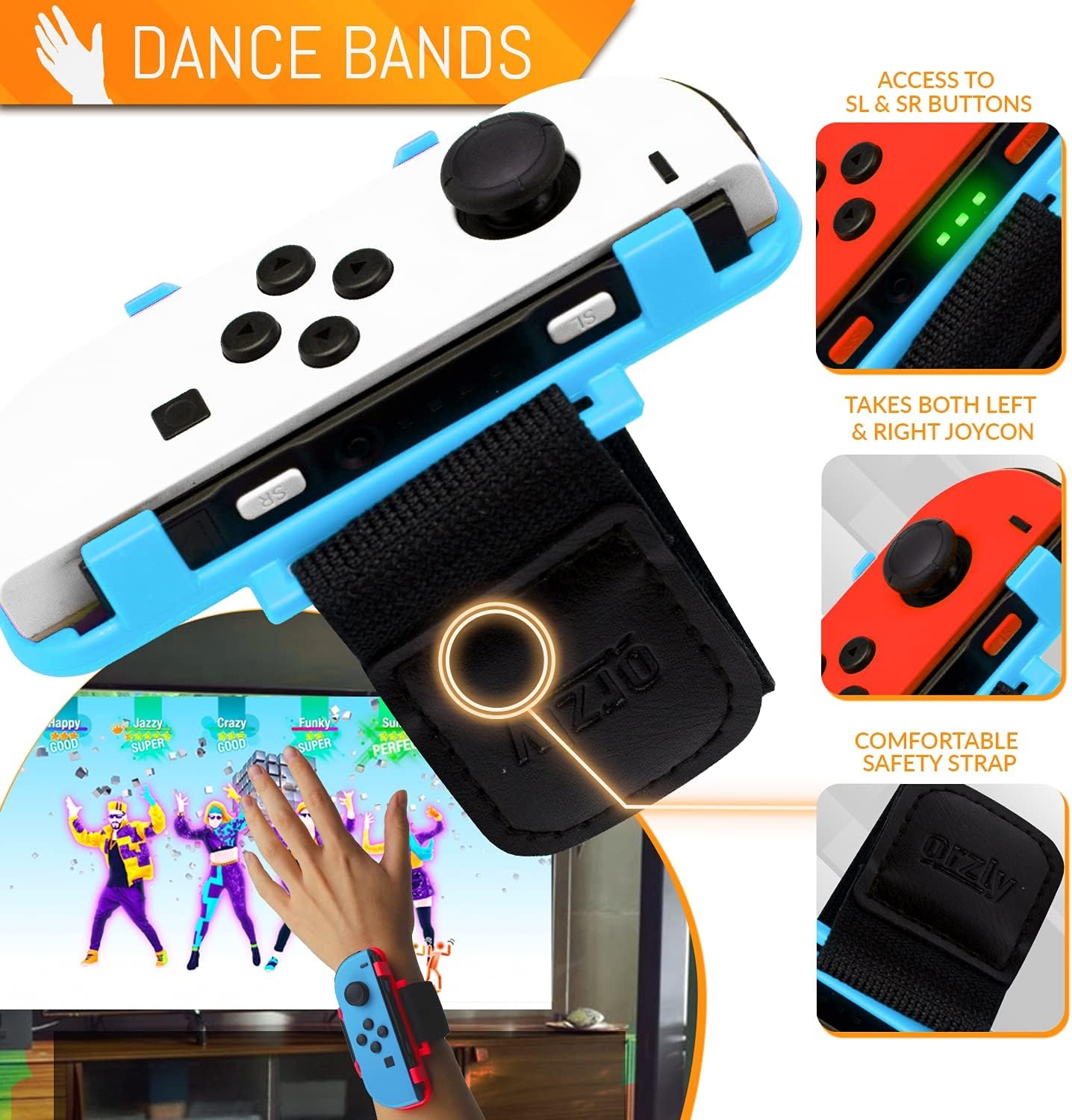 Orzly-Accessoirebundel PartyPack gemaakt voor gebruik met Nintendo Switch - [4x]: Controller-Grepen en Stuurwielen, Pols-Dansbanden, Tennisrackets, en Reisvriendelijke Opslagtas met Trekkoord