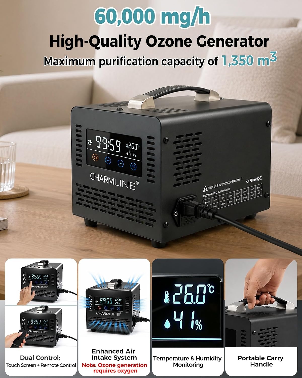 Charmline Ozon Generator 60.000 mg/u met Afstandsbediening - Luchtreiniger voor ruimtes tot 500 m² - Zwart