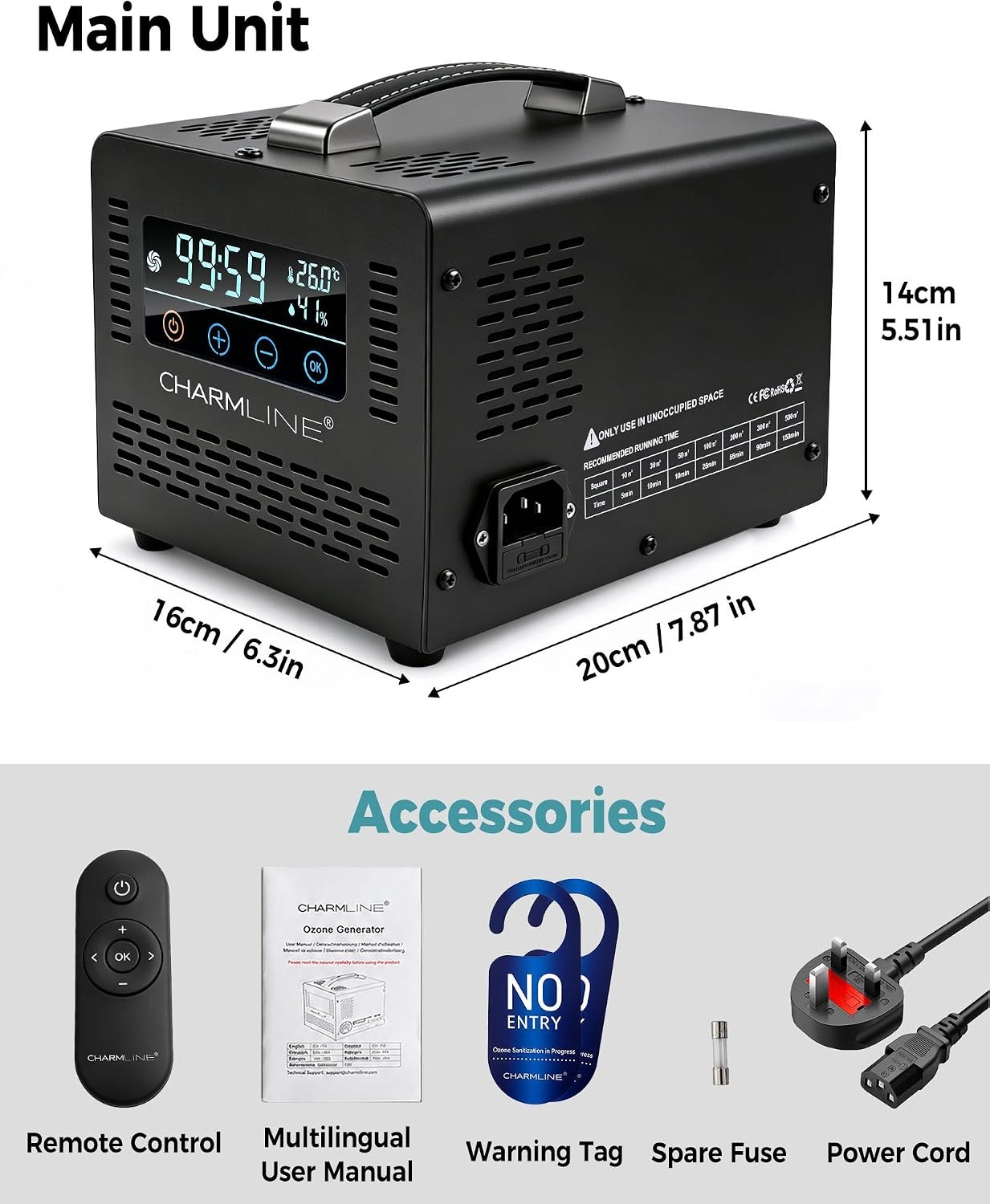 Charmline Ozon Generator 60.000 mg/u met Afstandsbediening - Luchtreiniger voor ruimtes tot 500 m² - Zwart