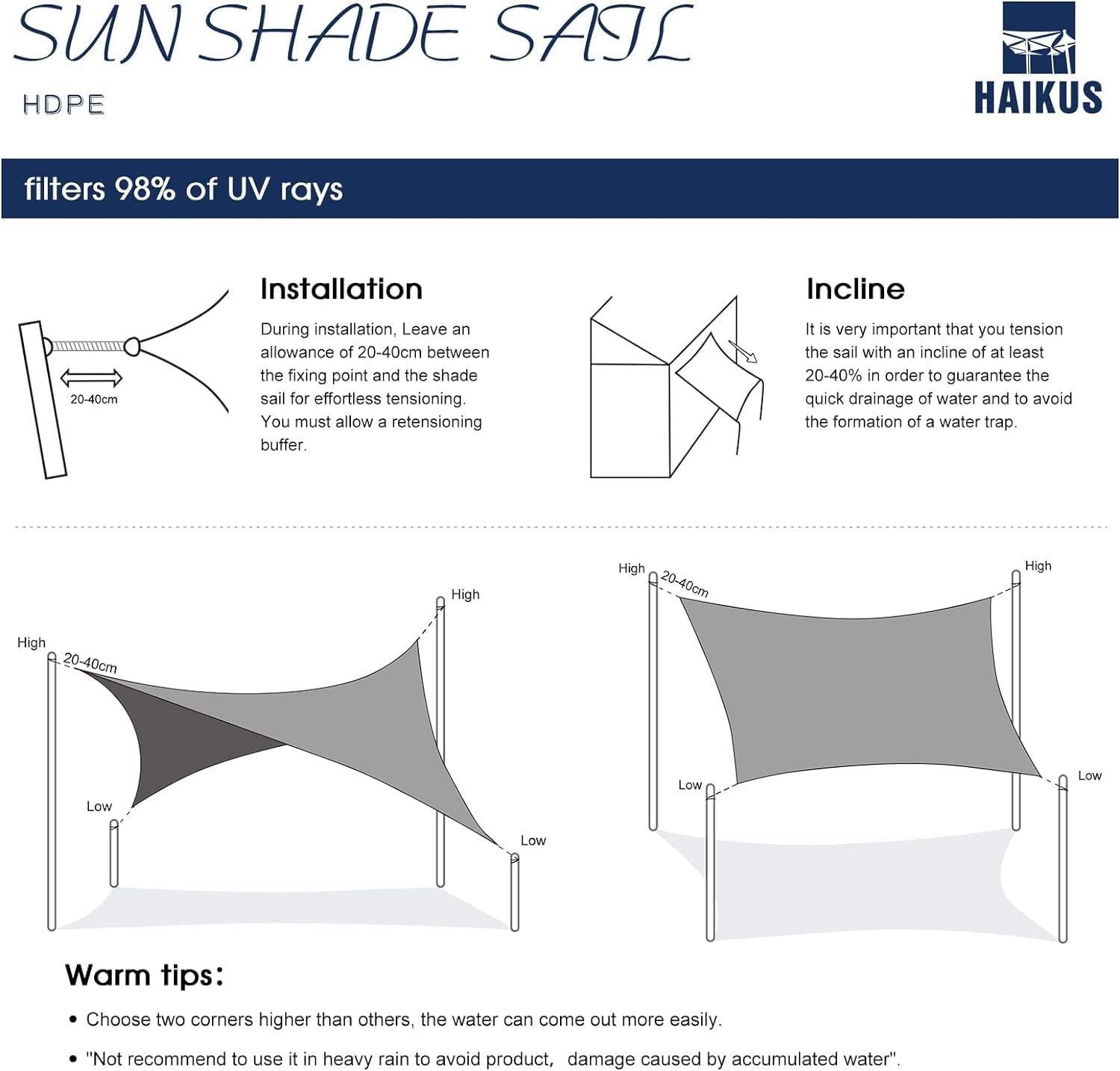 HAIKUS Rechthoekig schaduwzeil 3 x 6 m, ademend HDPE schaduwzeil (185 g/m²), rechthoekig schaduwnet, 6 x 3 m, met uv-bescherming voor terras, tuin, terras, buiten, 3 x 6 m, zandkleurig