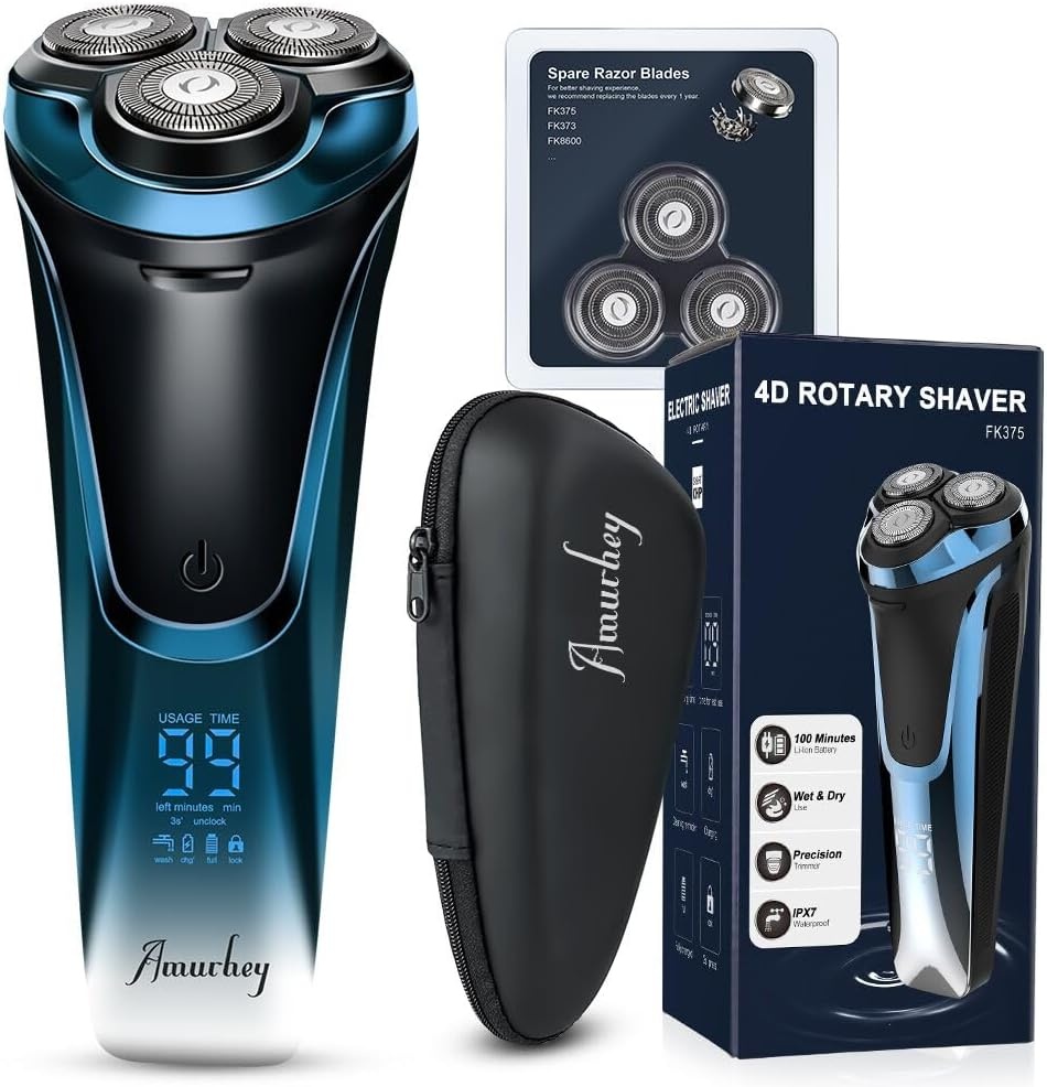 Amurhey Elektrisch scheerapparaat voor heren, met 3 reservekoppen, nat en droog scheerapparaat, met pop-up trimmer, 99 minuten accuduur, baardtrimmer, led-display, reisetui