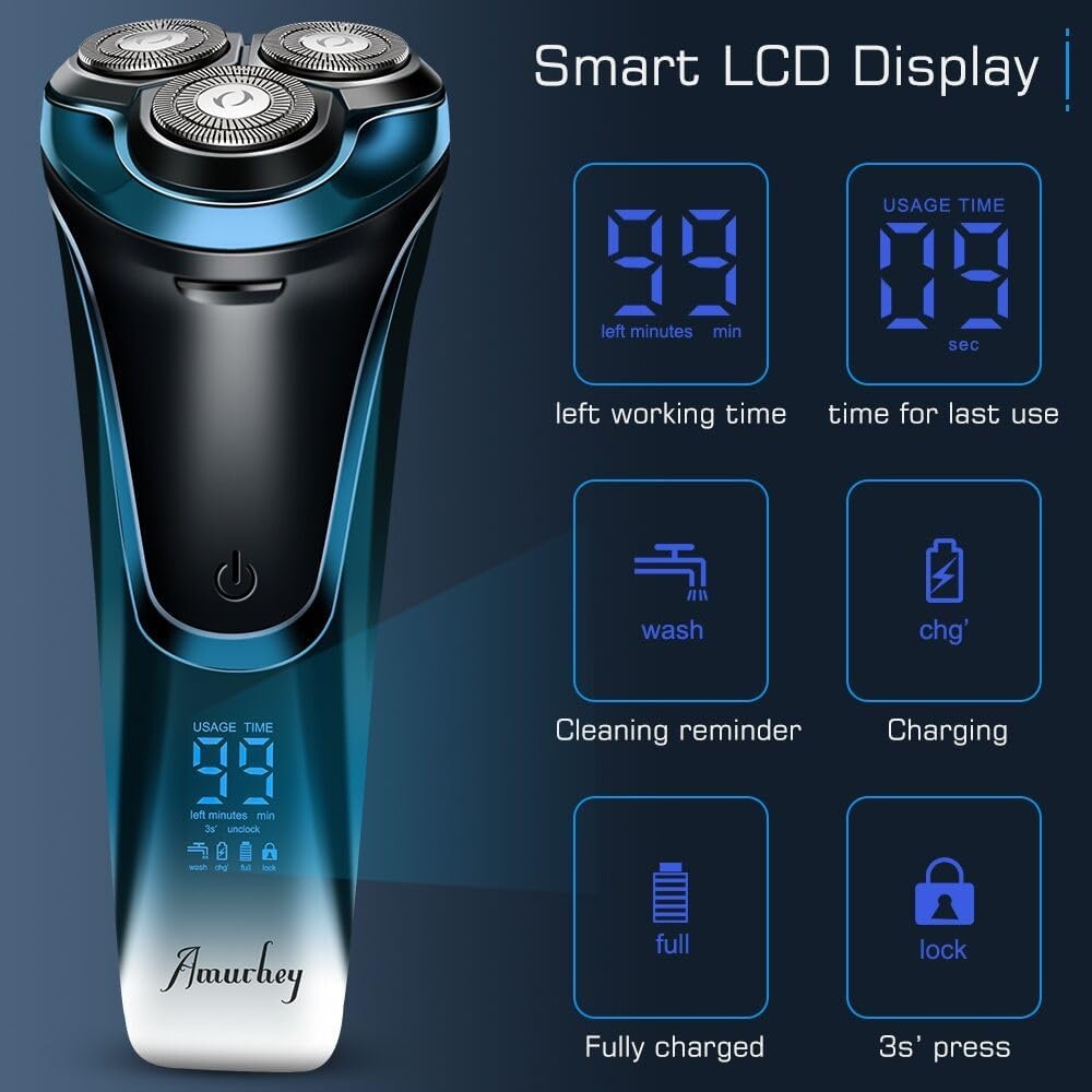 Amurhey Elektrisch scheerapparaat voor heren, met 3 reservekoppen, nat en droog scheerapparaat, met pop-up trimmer, 99 minuten accuduur, baardtrimmer, led-display, reisetui