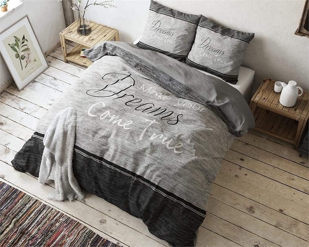 SLEEP TIME Dekbedovertrek, 100% katoen, beddengoed, True Dreams, grijs, 220 x 240 cm, met 2 kussenslopen 60 x 70 cm