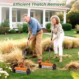 Walensee Lawn Dethatching Rake with Wheels, Heavy Duty Thatch Rake Scarifier with Adjustable Handle, Stainless Steel Lawn Thatch Remover for Moss, Dead Grass, Leaves & Debris