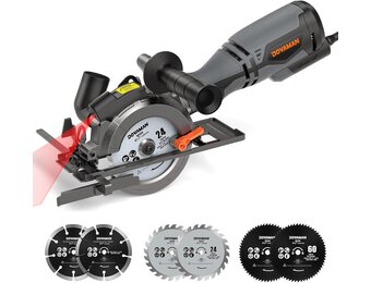 DOVAMAN Mini Handkreissäge, 710W 115mm Handkreissäge w/Laser, 3500RPM, Metall-Hilfsgriff, 43mm (90°), 29mm (45°) Schnitttiefe, 6 Sägeblätter, ideal für Holz, Weichmetall, Kunststoff, Fliesen–MCS01A