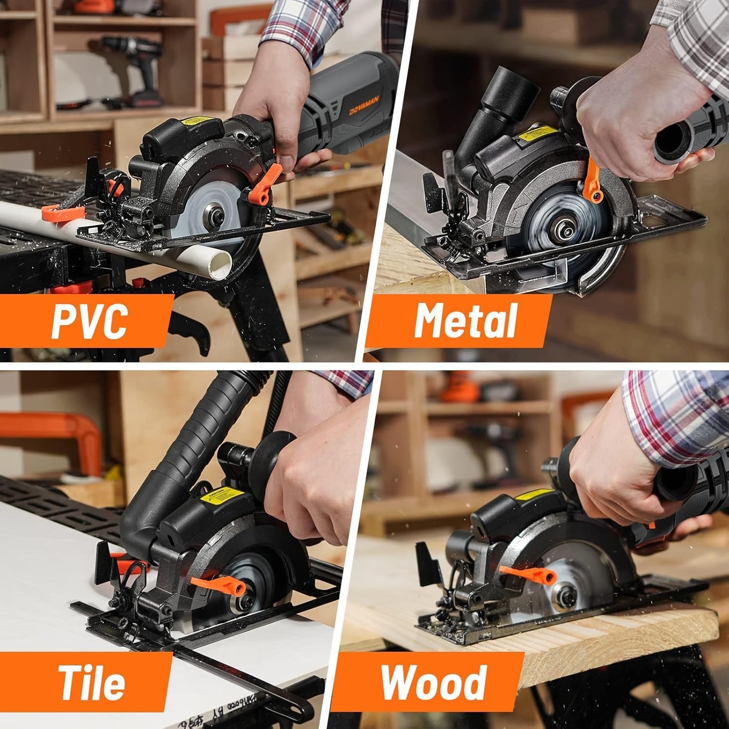 DOVAMAN Mini Handkreissäge, 710W 115mm Handkreissäge w/Laser, 3500RPM, Metall-Hilfsgriff, 43mm (90°), 29mm (45°) Schnitttiefe, 6 Sägeblätter, ideal für Holz, Weichmetall, Kunststoff, Fliesen–MCS01A