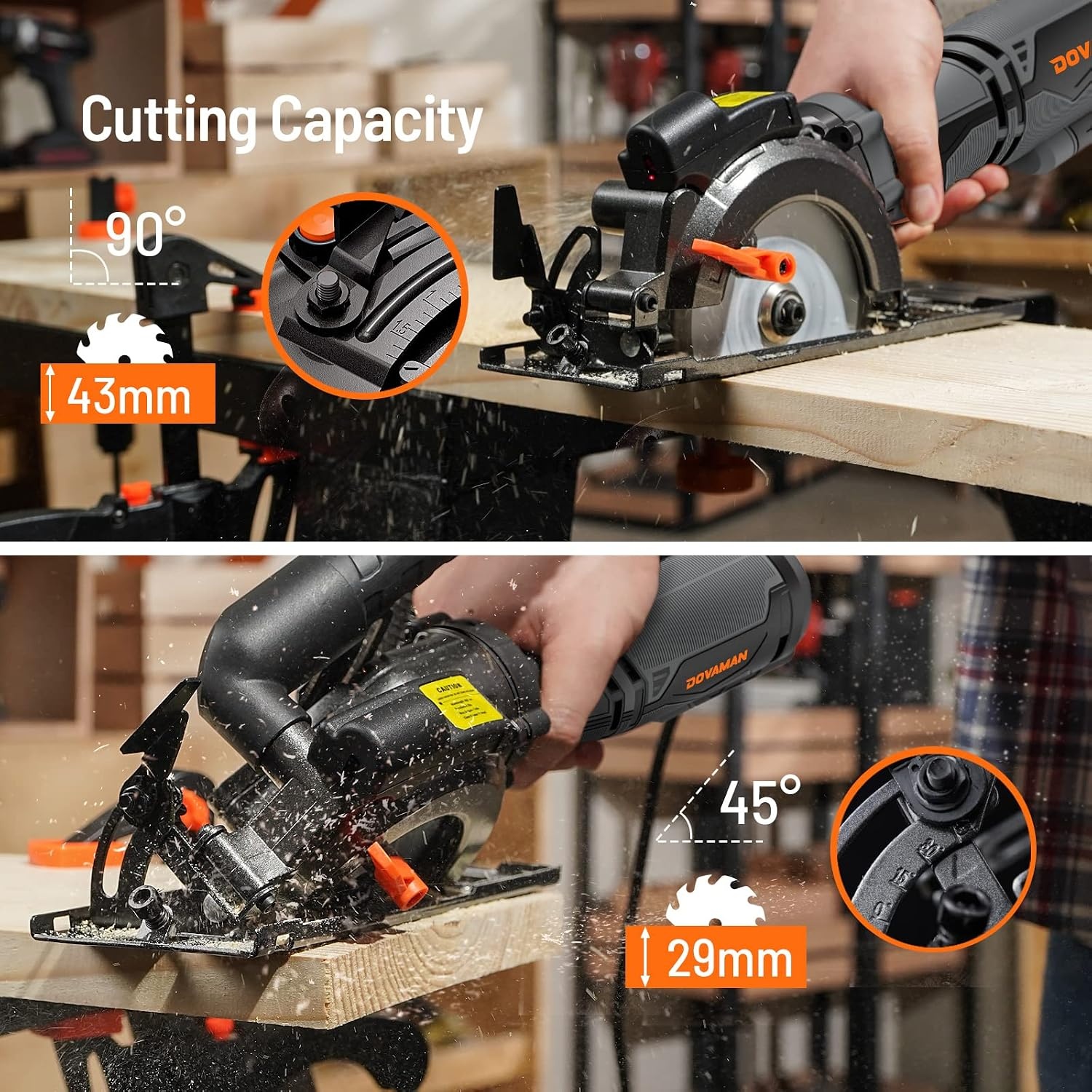 DOVAMAN Mini Handkreissäge, 710W 115mm Handkreissäge w/Laser, 3500RPM, Metall-Hilfsgriff, 43mm (90°), 29mm (45°) Schnitttiefe, 6 Sägeblätter, ideal für Holz, Weichmetall, Kunststoff, Fliesen–MCS01A