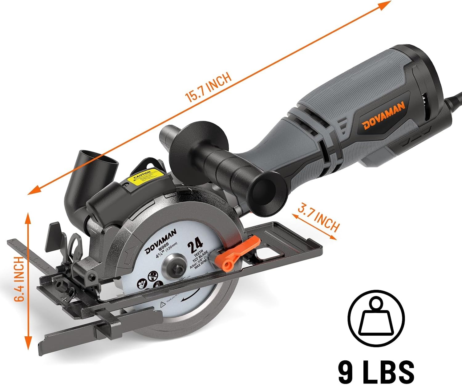 DOVAMAN Mini Handkreissäge, 710W 115mm Handkreissäge w/Laser, 3500RPM, Metall-Hilfsgriff, 43mm (90°), 29mm (45°) Schnitttiefe, 6 Sägeblätter, ideal für Holz, Weichmetall, Kunststoff, Fliesen–MCS01A