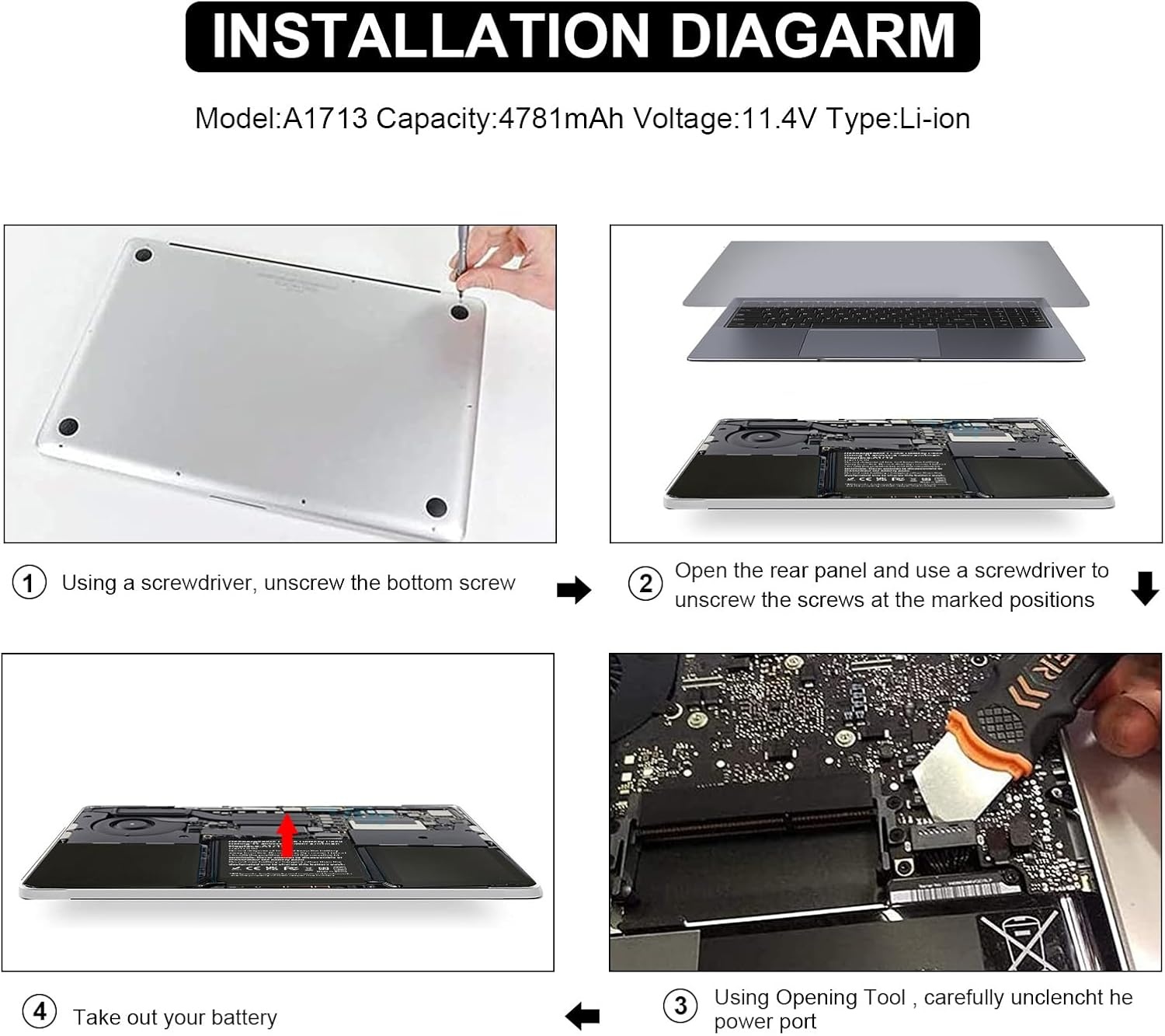 ASUNCELL Laptop Accu voor MacBook Pro 13 inch A1708 (2016-2017) - 54.5Wh