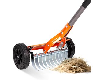 Walensee Lawn Dethatching Rake with Wheels, Heavy Duty Thatch Rake Scarifier with Adjustable Handle, Stainless Steel Lawn Thatch Remover for Moss, Dead Grass, Leaves & Debris