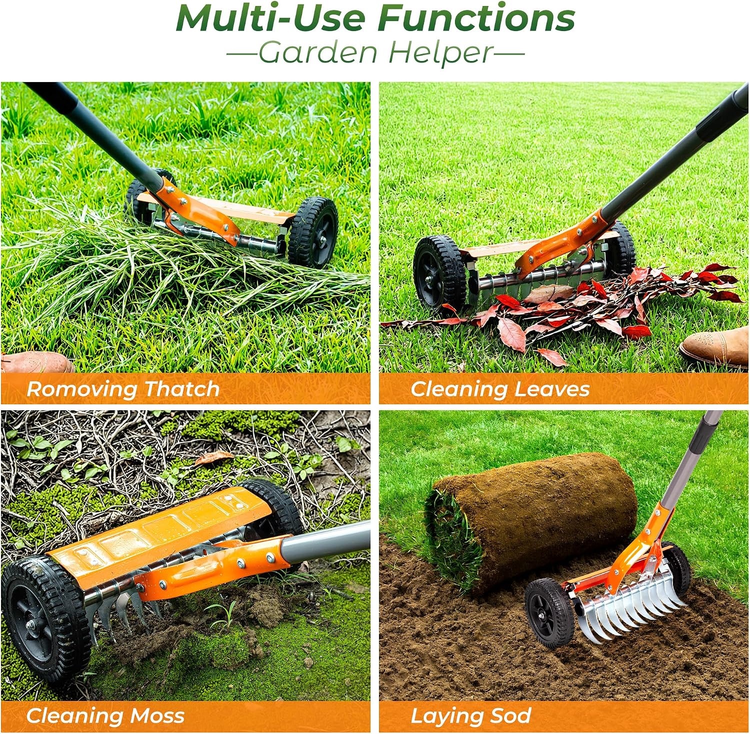 Walensee Lawn Dethatching Rake with Wheels, Heavy Duty Thatch Rake Scarifier with Adjustable Handle, Stainless Steel Lawn Thatch Remover for Moss, Dead Grass, Leaves & Debris