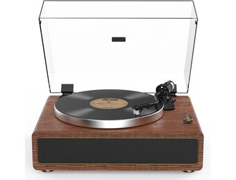 Retrolife Platenspeler met geïntegreerde luidsprekers, riemaandrijving, 33/45 omw/min, vinyl platenspeler, ondersteunt bluetooth-weergave met automatische stopfunctie, RCA Out en AUX-in geel-bruin