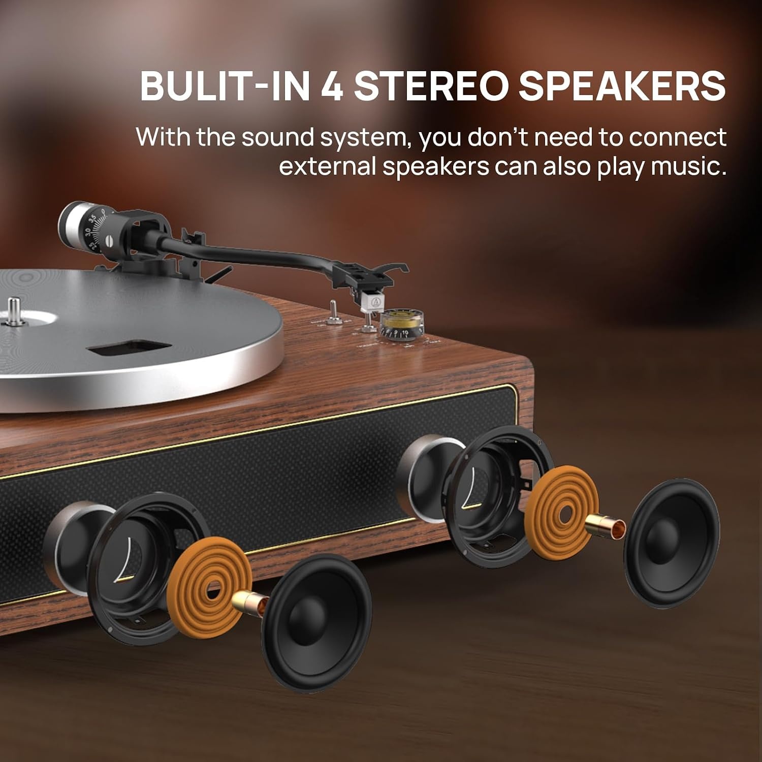 Retrolife Platenspeler met geïntegreerde luidsprekers, riemaandrijving, 33/45 omw/min, vinyl platenspeler, ondersteunt bluetooth-weergave met automatische stopfunctie, RCA Out en AUX-in geel-bruin