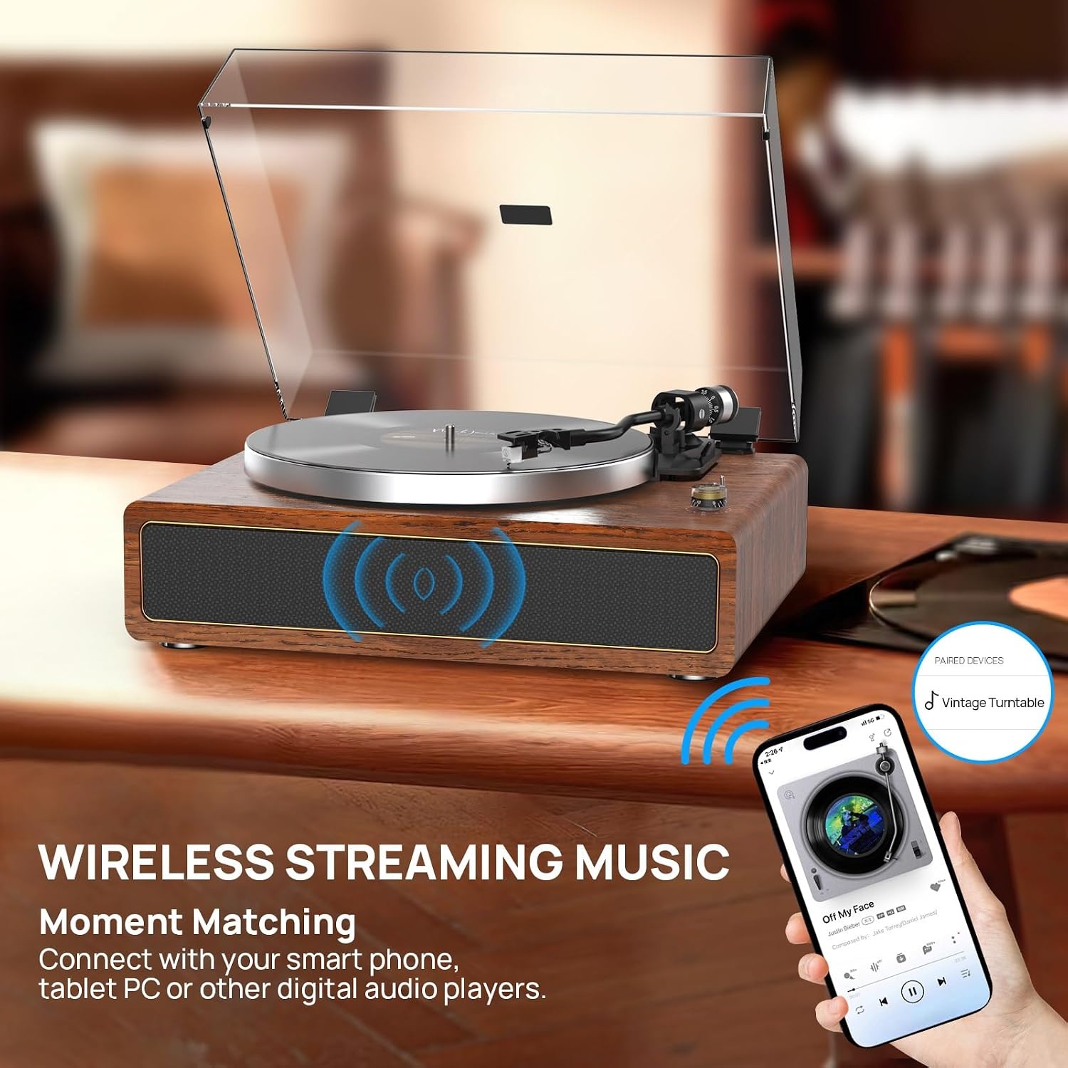Retrolife Platenspeler met geïntegreerde luidsprekers, riemaandrijving, 33/45 omw/min, vinyl platenspeler, ondersteunt bluetooth-weergave met automatische stopfunctie, RCA Out en AUX-in geel-bruin