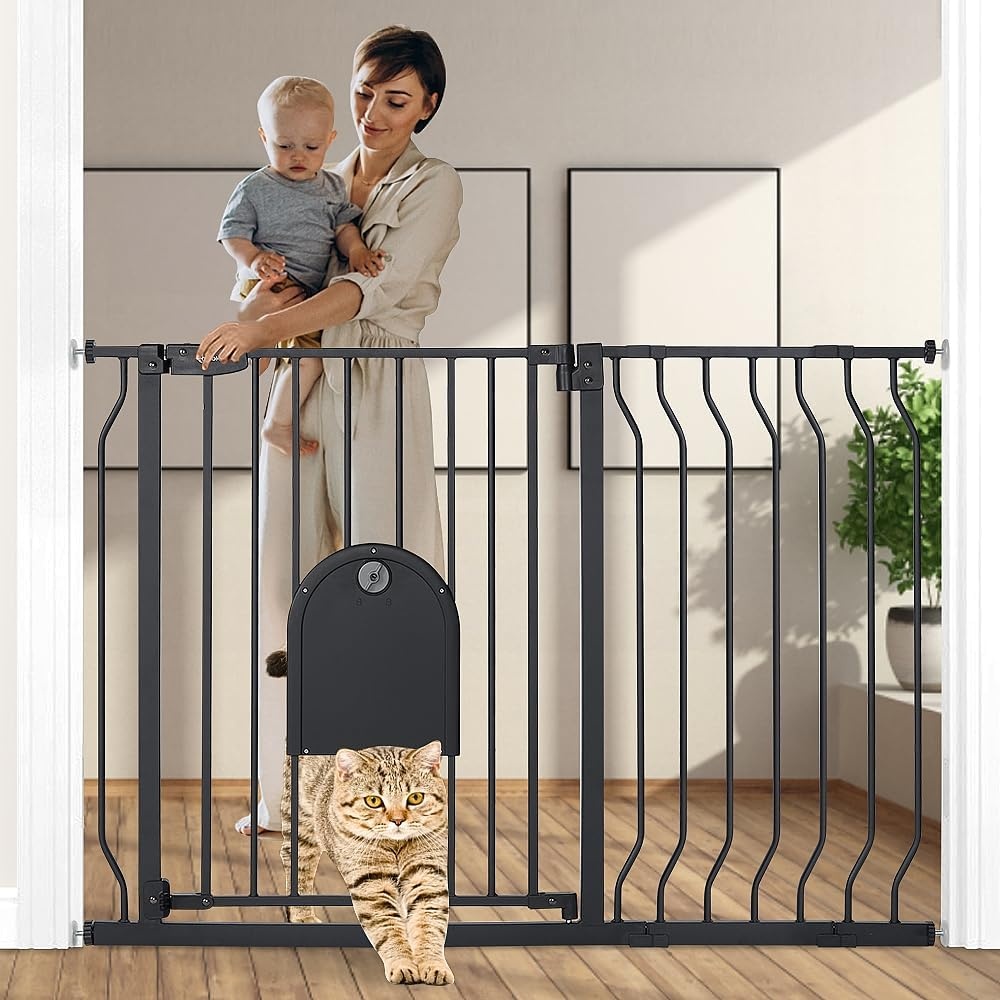 COMOMY Traphekje met kattenluik - 75-123 cm - Zwart - Zelfsluitend