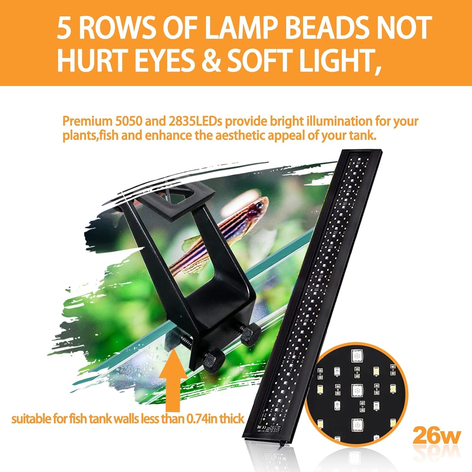 Aquarium Lights with Clip, 24/7 Mode LED Aquarium Light 7 Colors with 138 LEDs, 26W 1662lm Dimmable Aquarium LED Lighting with Timer