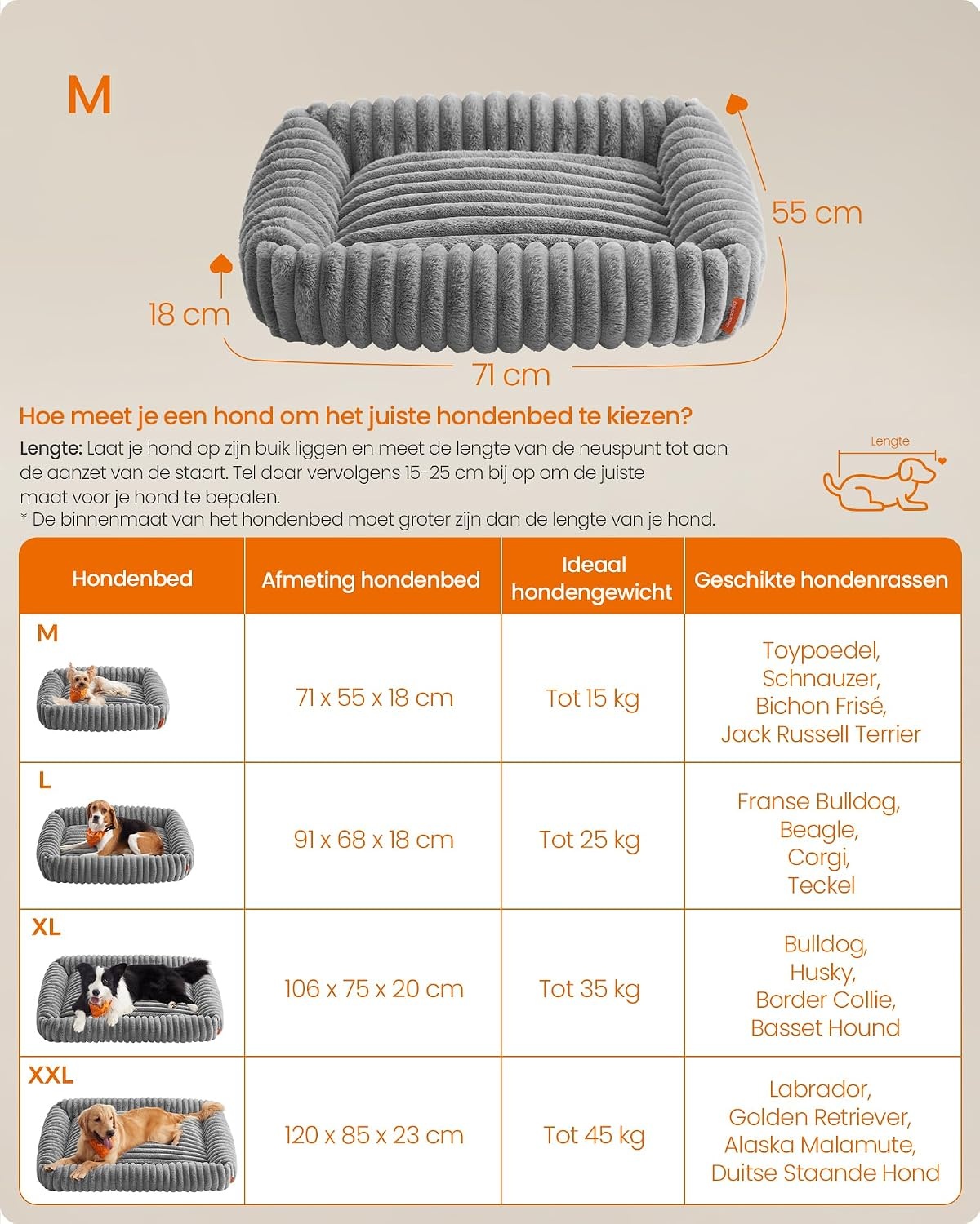 Feandrea Hondenbed, Middelgroot Orthopedisch, Wasbaar Hondenkussen, Zacht, Zachte Voering, 71 x 55 x 18 cm, Duifgrijs PGW311GD01 - Maat M (71 x 55 x 18 cm)