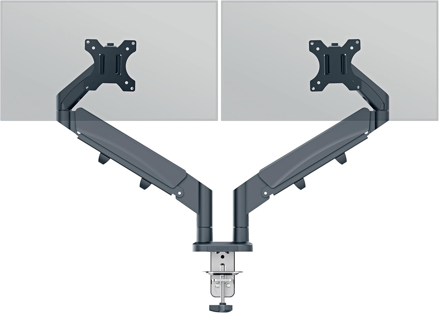 Leitz Ergo Ruimtebesparende Dubbele Monitor Arm, TÜV- en IGR-gecertificeerd, Veelzijdige inklapbare monitorarmen, Donkergrijze Monitorarm voor Twee Tot 32” Monitors, Fluweelgrijs, 65370089