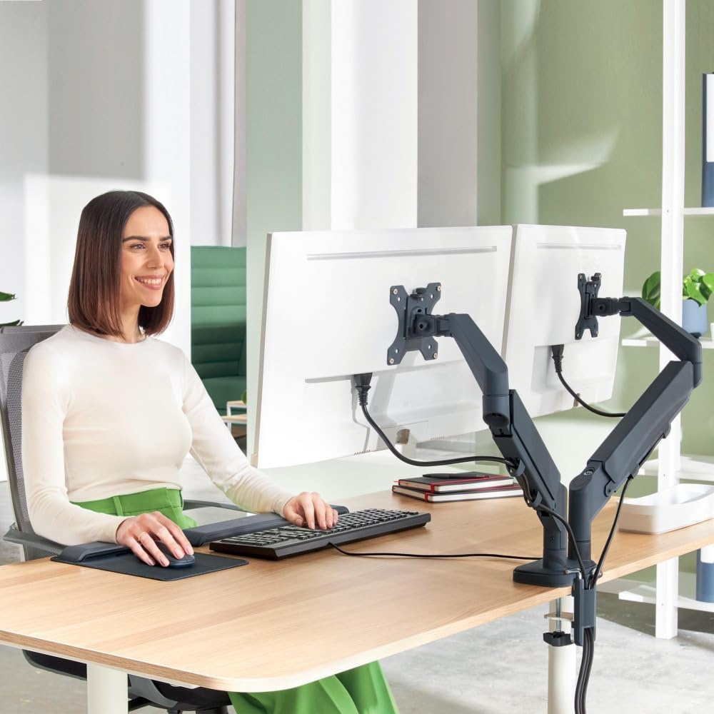 Leitz Ergo Ruimtebesparende Dubbele Monitor Arm, TÜV- en IGR-gecertificeerd, Veelzijdige inklapbare monitorarmen, Donkergrijze Monitorarm voor Twee Tot 32” Monitors, Fluweelgrijs, 65370089