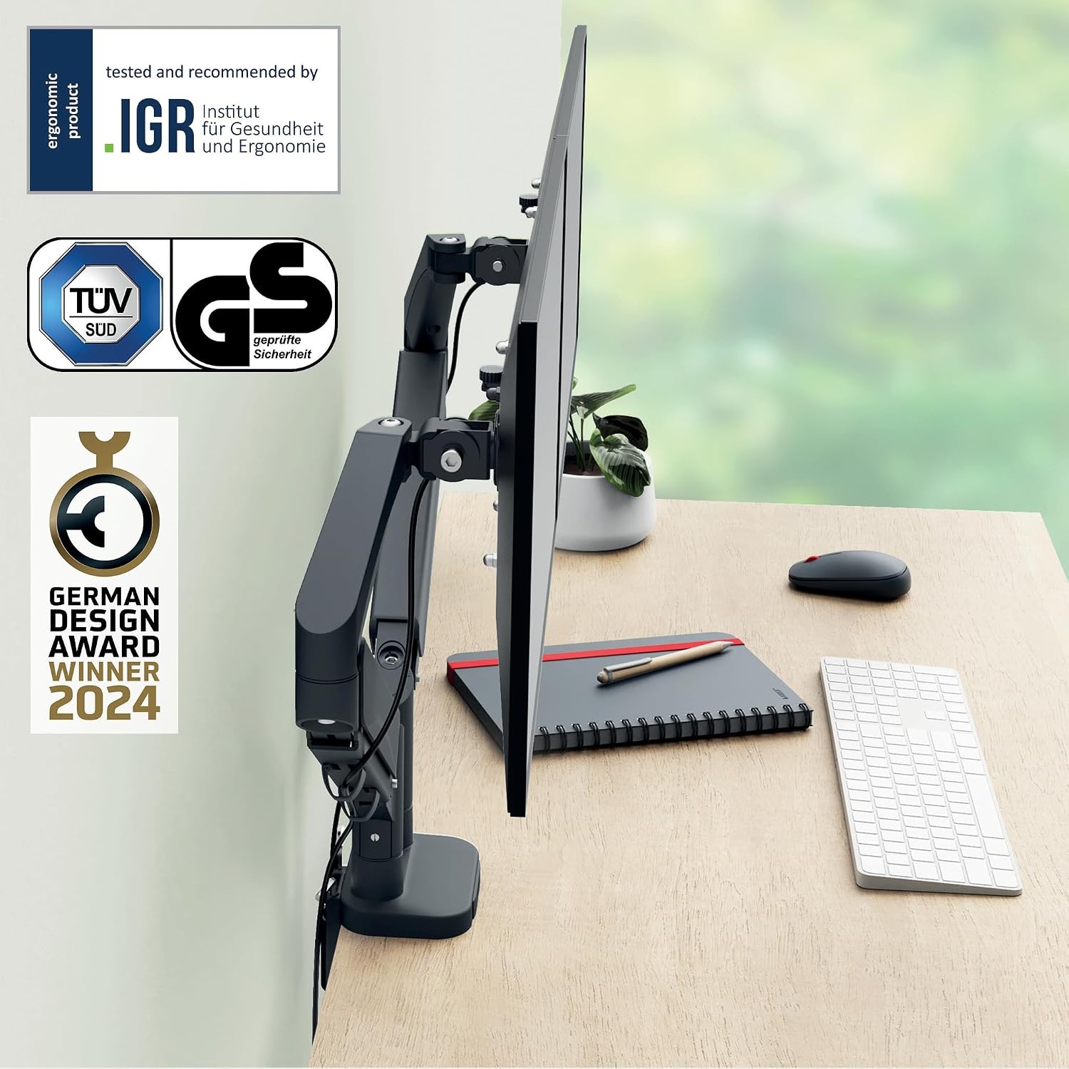 Leitz Ergo Ruimtebesparende Dubbele Monitor Arm, TÜV- en IGR-gecertificeerd, Veelzijdige inklapbare monitorarmen, Donkergrijze Monitorarm voor Twee Tot 32” Monitors, Fluweelgrijs, 65370089