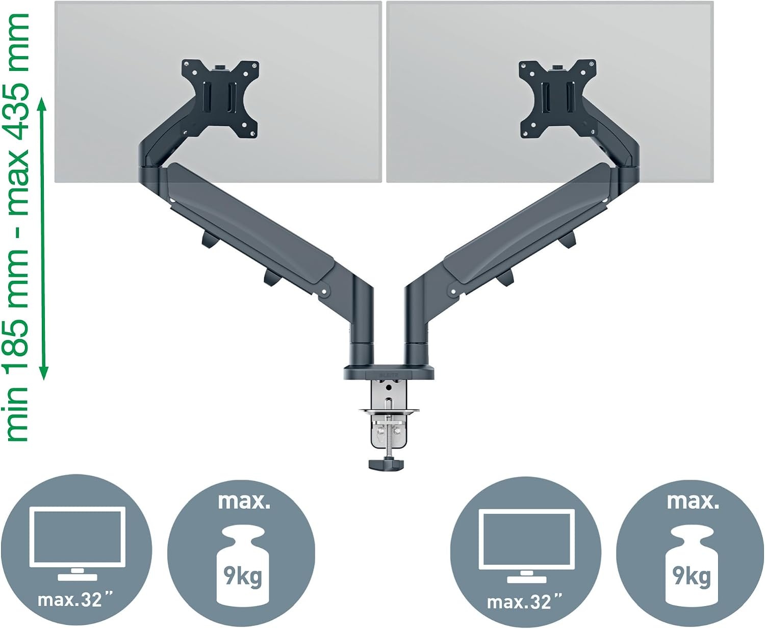 Leitz Ergo Ruimtebesparende Dubbele Monitor Arm, TÜV- en IGR-gecertificeerd, Veelzijdige inklapbare monitorarmen, Donkergrijze Monitorarm voor Twee Tot 32” Monitors, Fluweelgrijs, 65370089