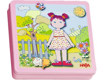 HABA 7392 - magneetspelbox aantrekkoppop Lilli | Afwisselende magnetische puzzel rond de schattige pop Lilli | In praktische metalen box, multicolor
