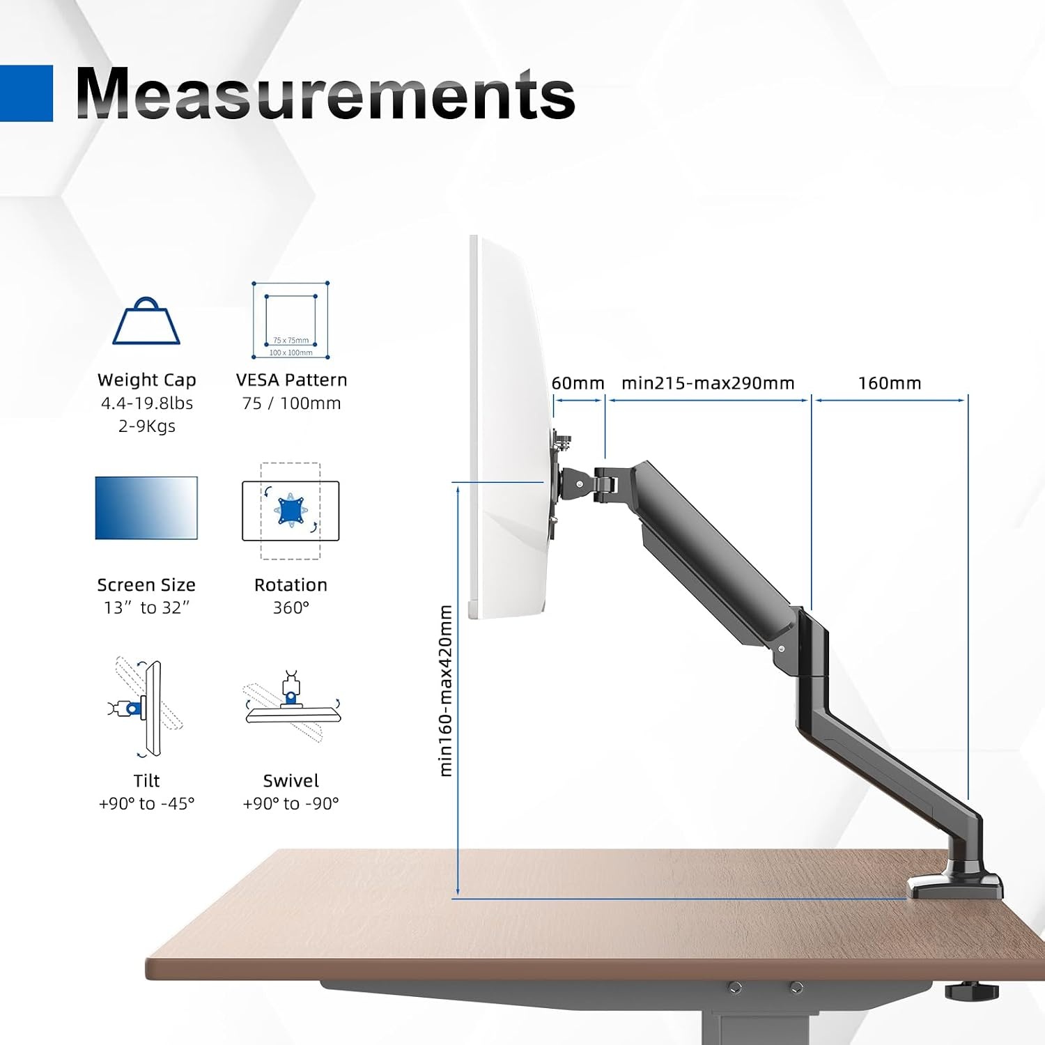 GRIFEMA GB2003-1 monitorhouder met gasveer voor 13-32 inch computerscherm, in hoogte verstelbaar, VESA 75 x 75/100 x 100, gewicht 2-9 kg, zwart