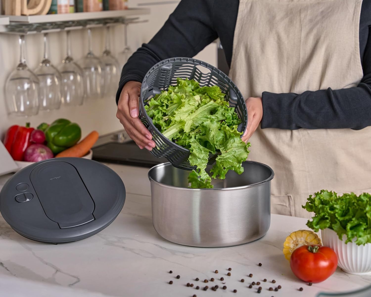 Zyliss Swift Dry Salad Spinner Stainless Steel Small, 3.5L, Non-Slip Base, Serving Plate, AquaVent Technology, One-handed Pump, Brake System, Easy to Clean