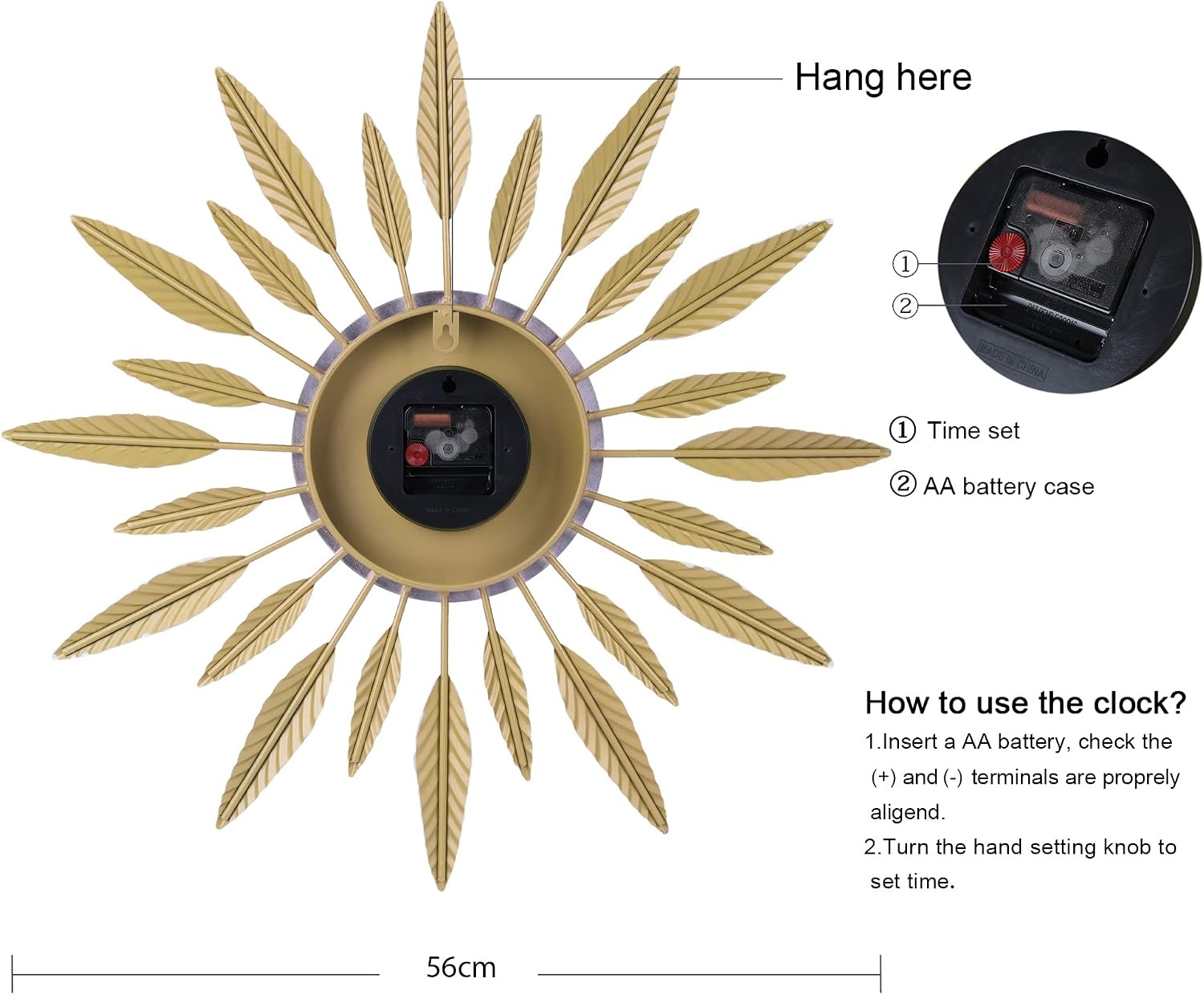 Gouden Sunburst Wandklok 56cm - Stil Metaal Uurwerk - 61% Korting